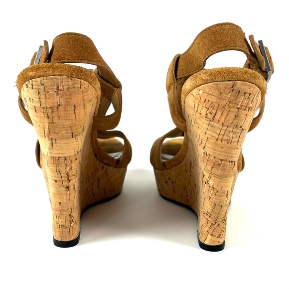 Bebe Brown Suede Open Toe Cork Wedges - Picture 4 of 8